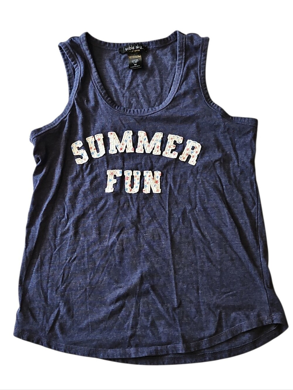 Navy Blue "Summer Fun" Women's Tank Top Stars Patchwork Size Medium Sable Sky
